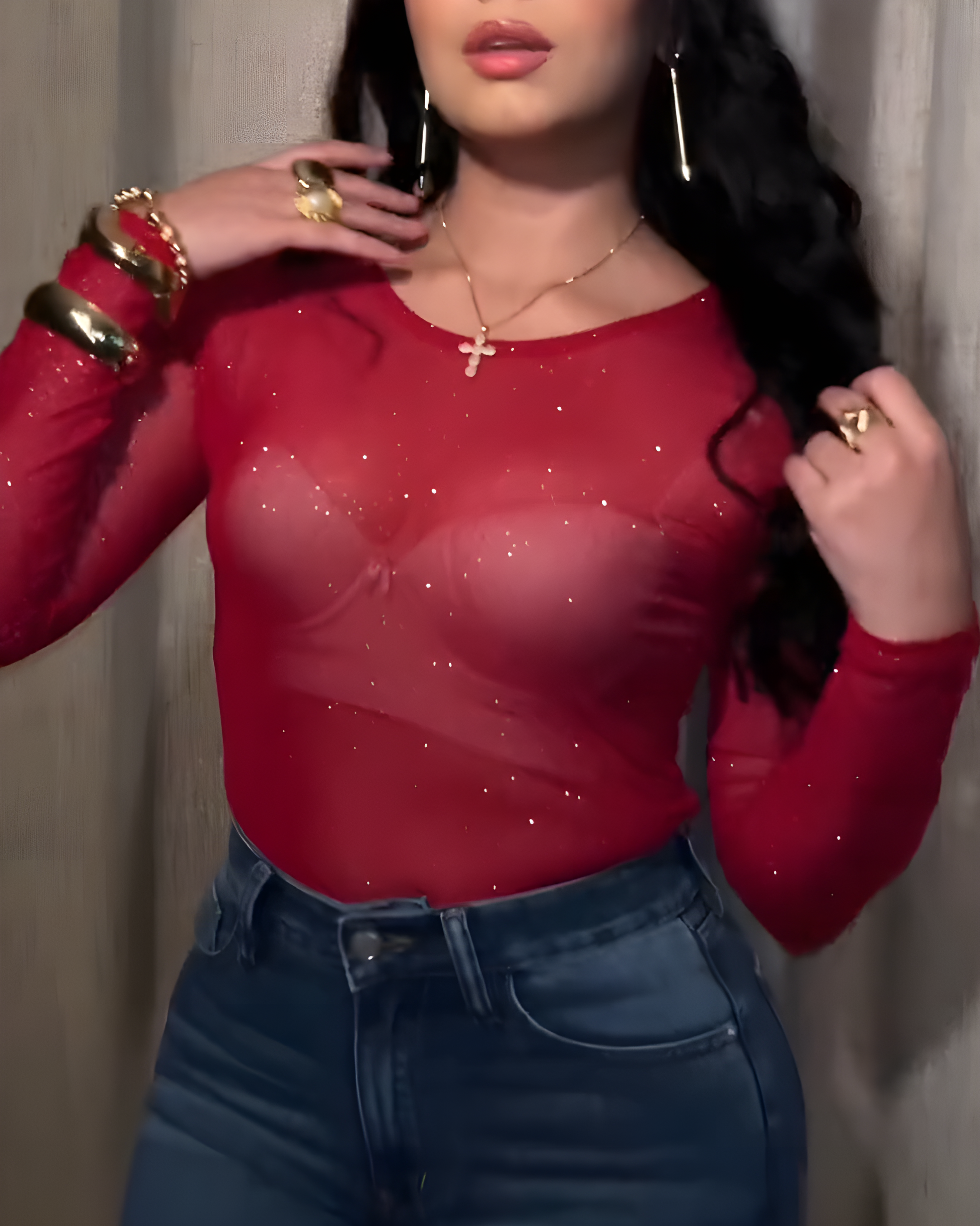 Mesh Sparkly Rhinestone Long-Sleeved Bodysuit