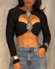 Shiny Rhinestone Hollow Long Sleeve Top