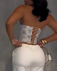 Print Halter Neck Tie Back Corset Top