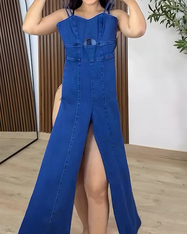 Slim Fit Cutout Skinny Flared Denim Jumpsuit