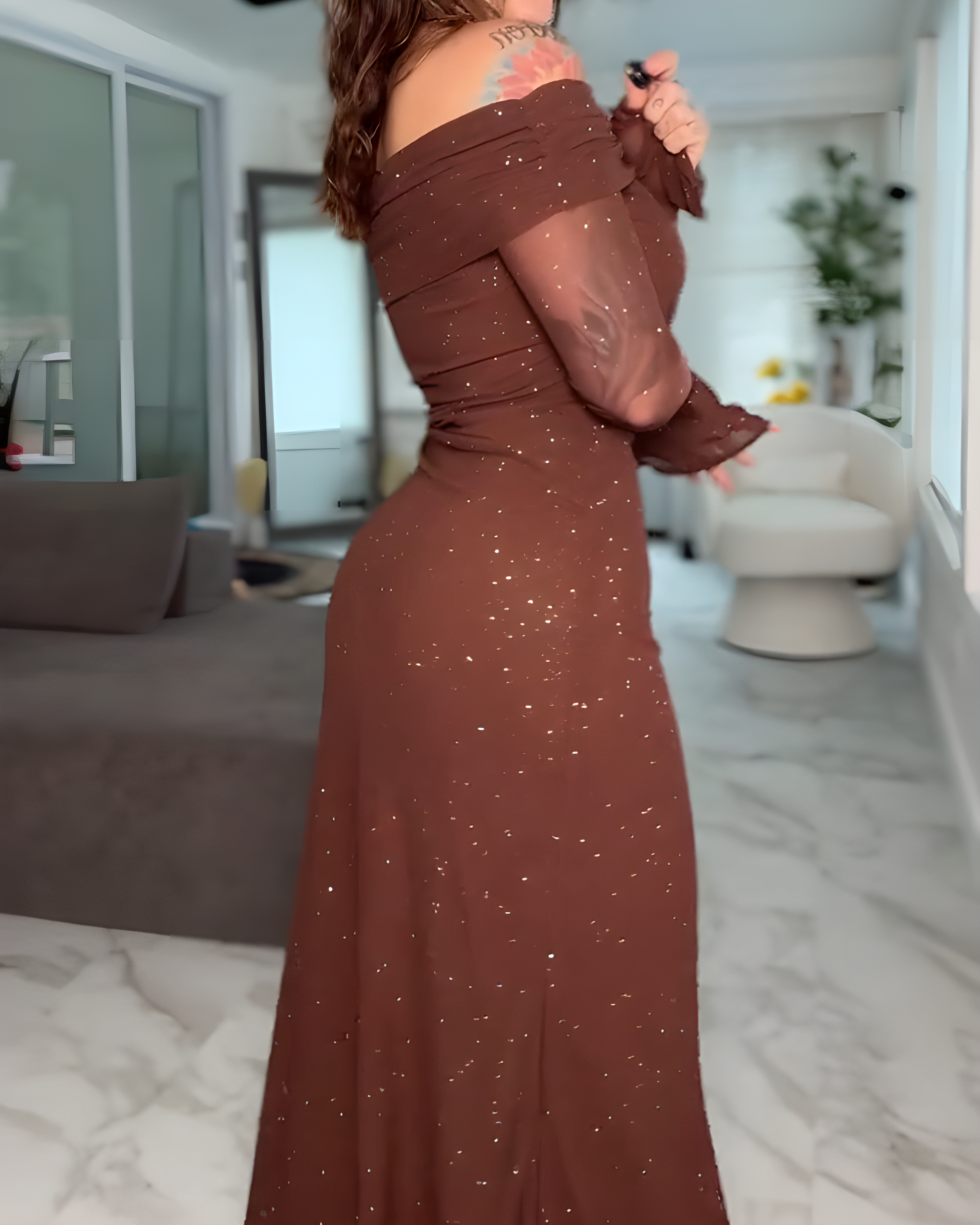 Off-the-Shoulder Shiny Flared Long-Sleeved Mesh Dress