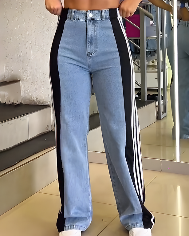 4-Stripes Patchwork Wide-Leg Denim Jeans