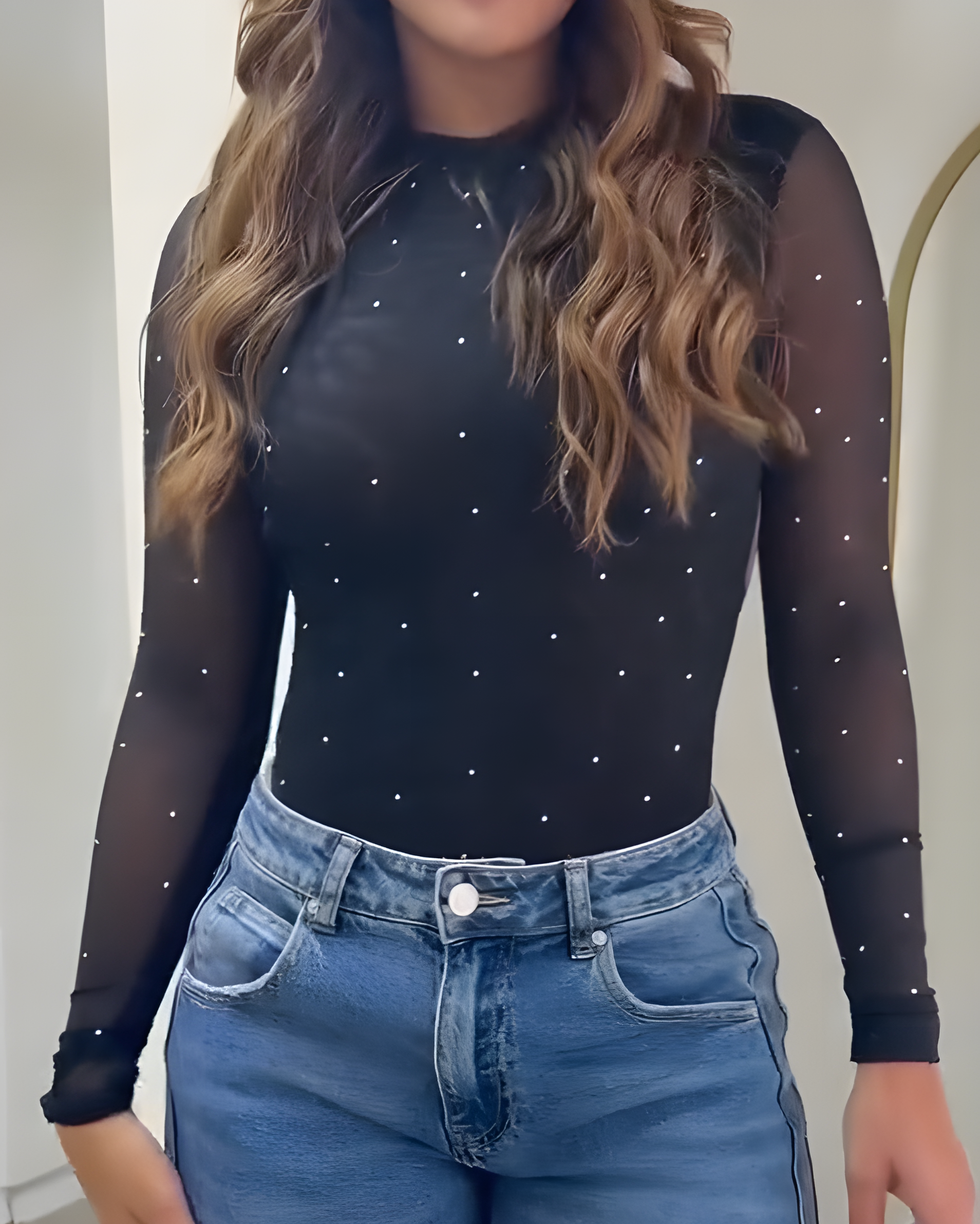 Mesh Backless Rhinestone Thong Bodysuit