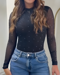 Mesh Backless Rhinestone Thong Bodysuit