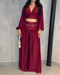 V-Neck Long-Sleeved Top Wide-Leg Pants Suit