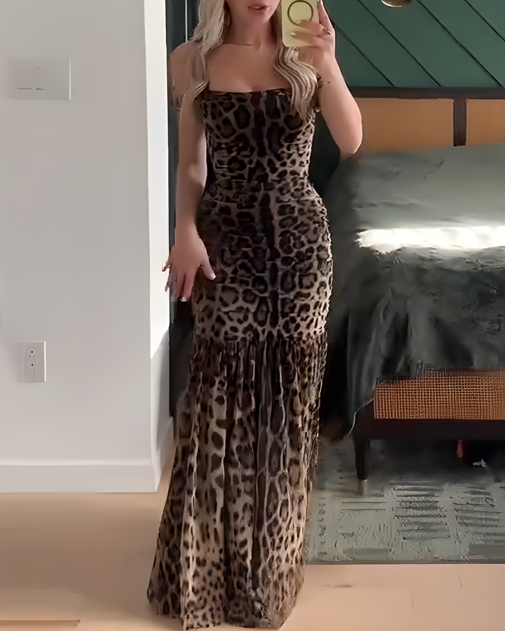 Off Shoulder Mesh Leopard Print Lace-Up Slimming Dress