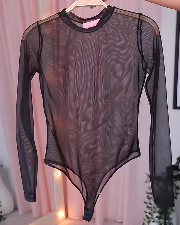 Sheer Mesh Crew Neck Long Sleeve Thong Bodysuit