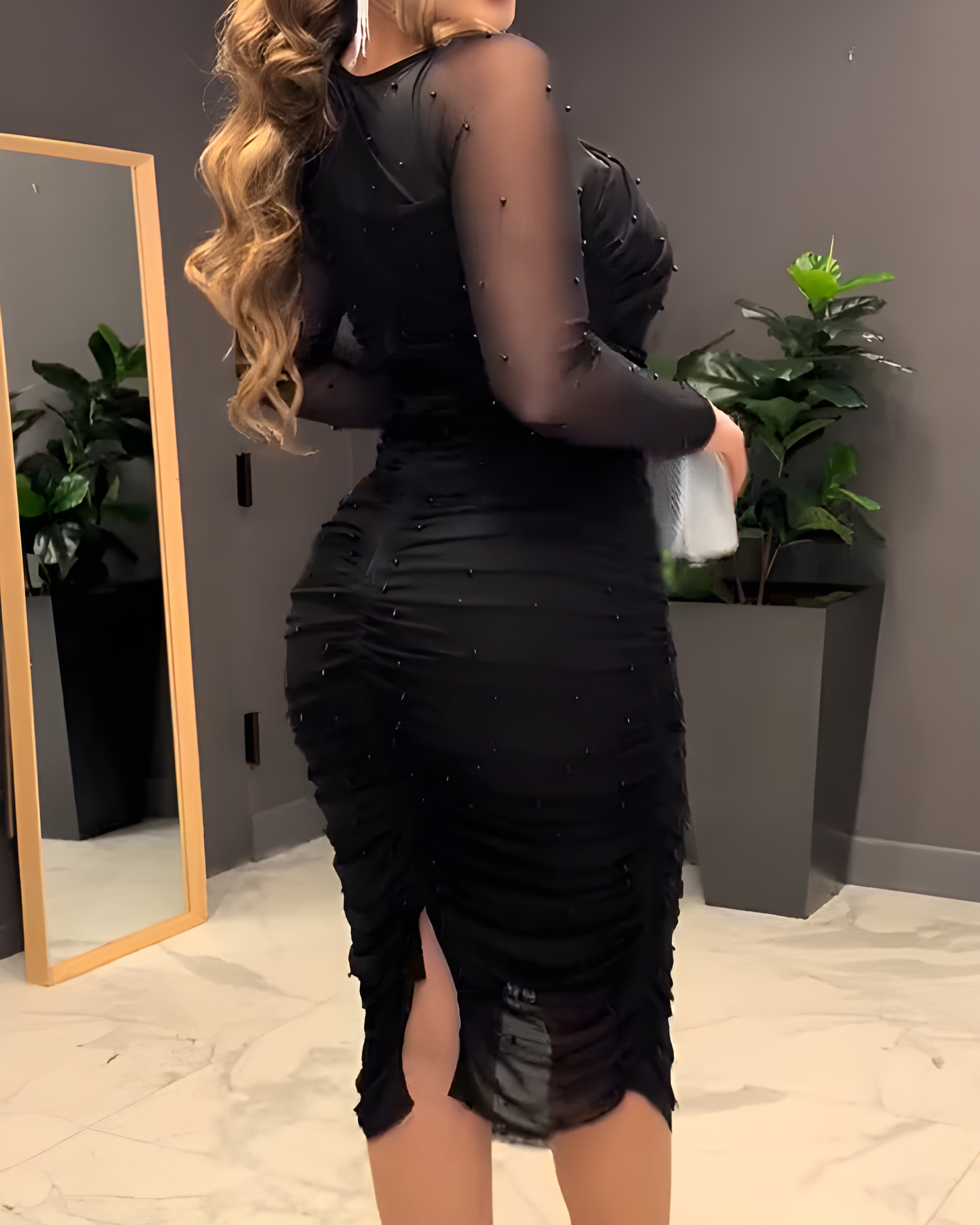 Mesh Long Sleeve Beaded Bodycon Midi Dress