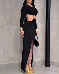 Long-Sleeved Slit Bodycon Mid Dress