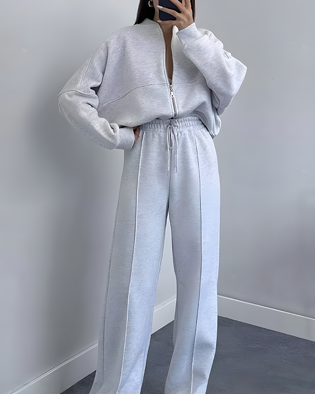 Zipper Cardigan Sweatshirt Straight Pants Set