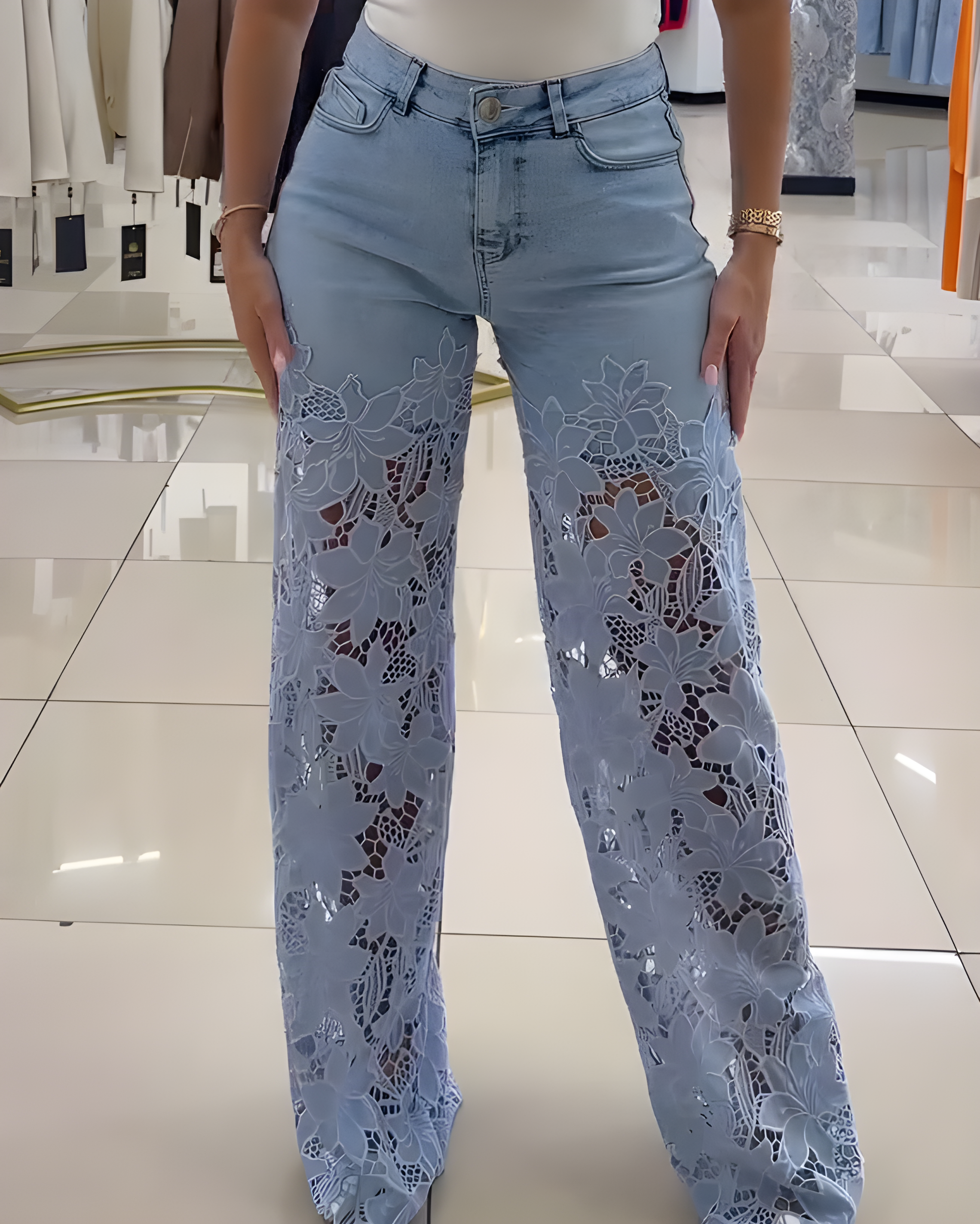 Lace Cutout Wide Leg Jeans
