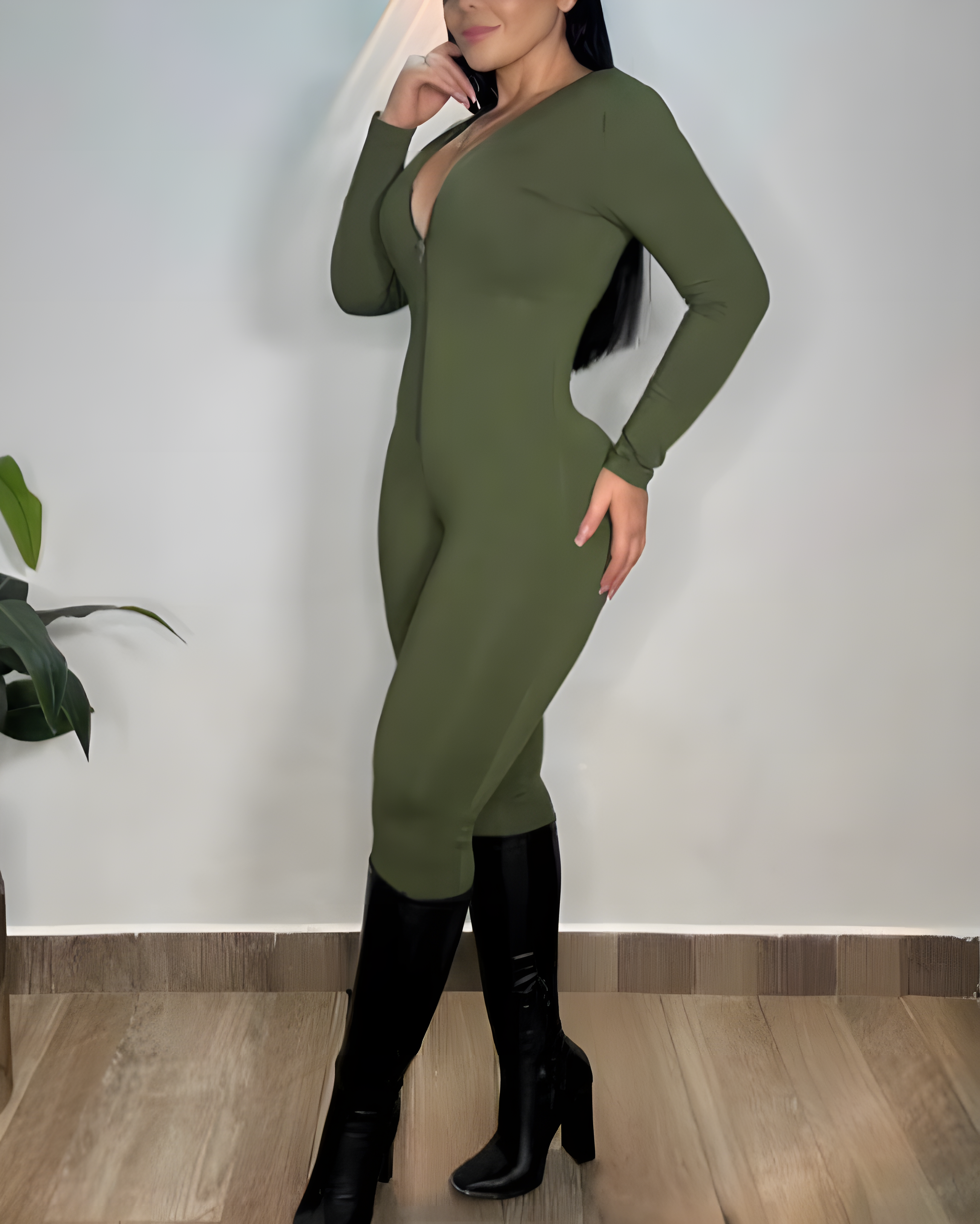 Tummy-Control Long-Sleeved Bodycon Jumpsuit