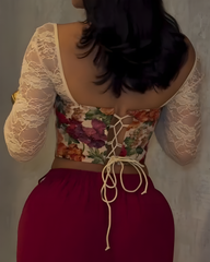 Printed Lace Panel Long Sleeve Corset Top