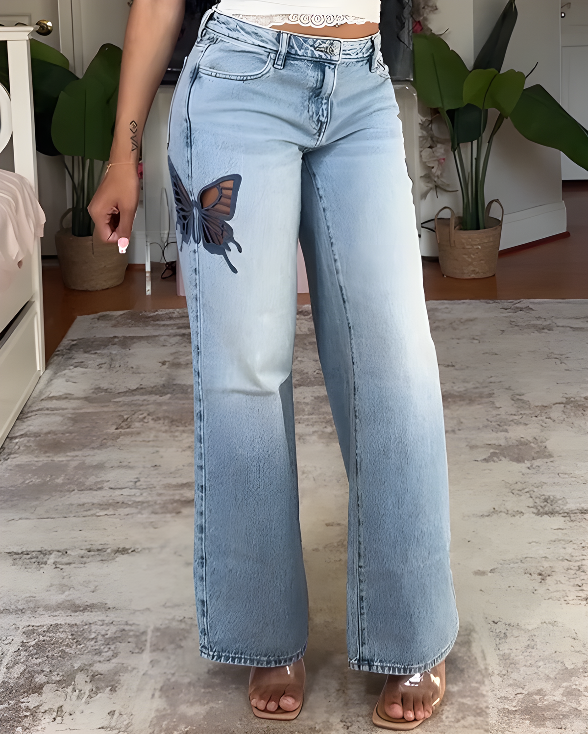 Butterfly Cutout Slim-Fit Straight Jeans
