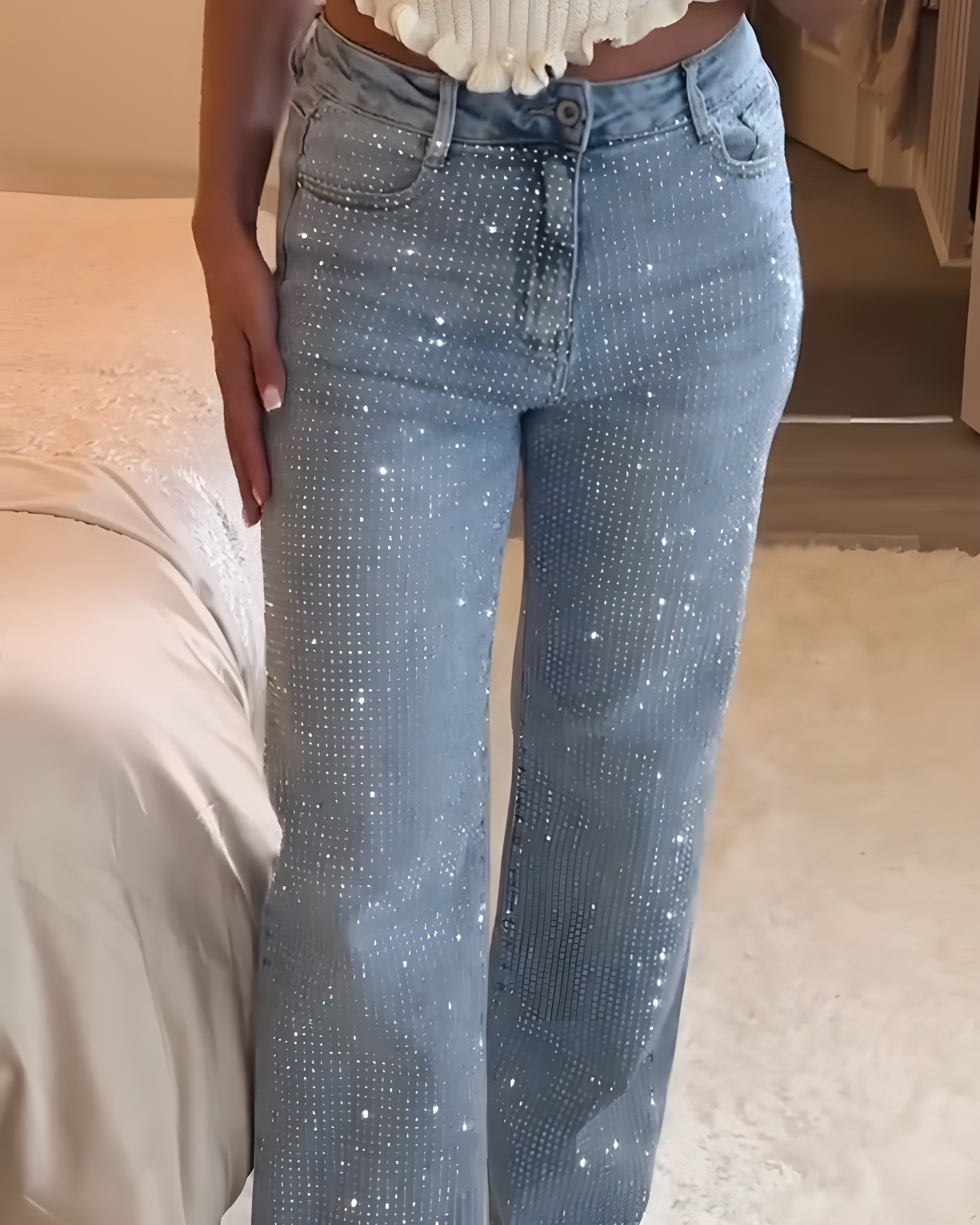 High-Waisted Rhinestone Straight-Leg Jeans