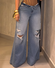 Ripped High-Waisted Wide-Leg Jeans