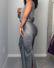 One-Shoulder Sleeve Ruched Slim Skirt 2-Piece Set