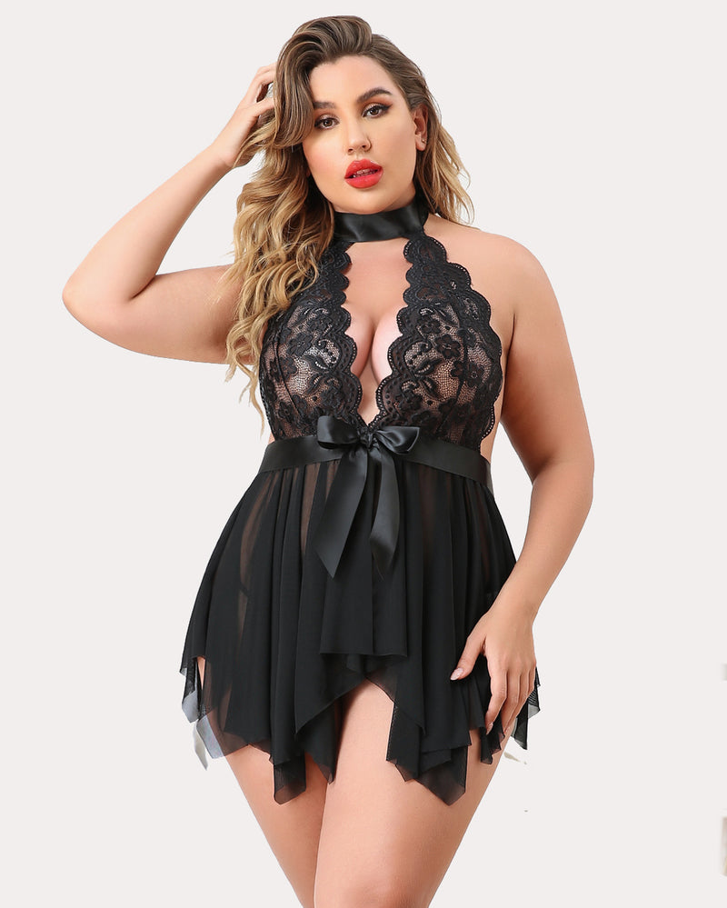 Plus Size FLace High Waist Teddy Babydoll