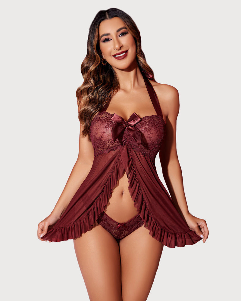 Lace Open Front Halter Nighty