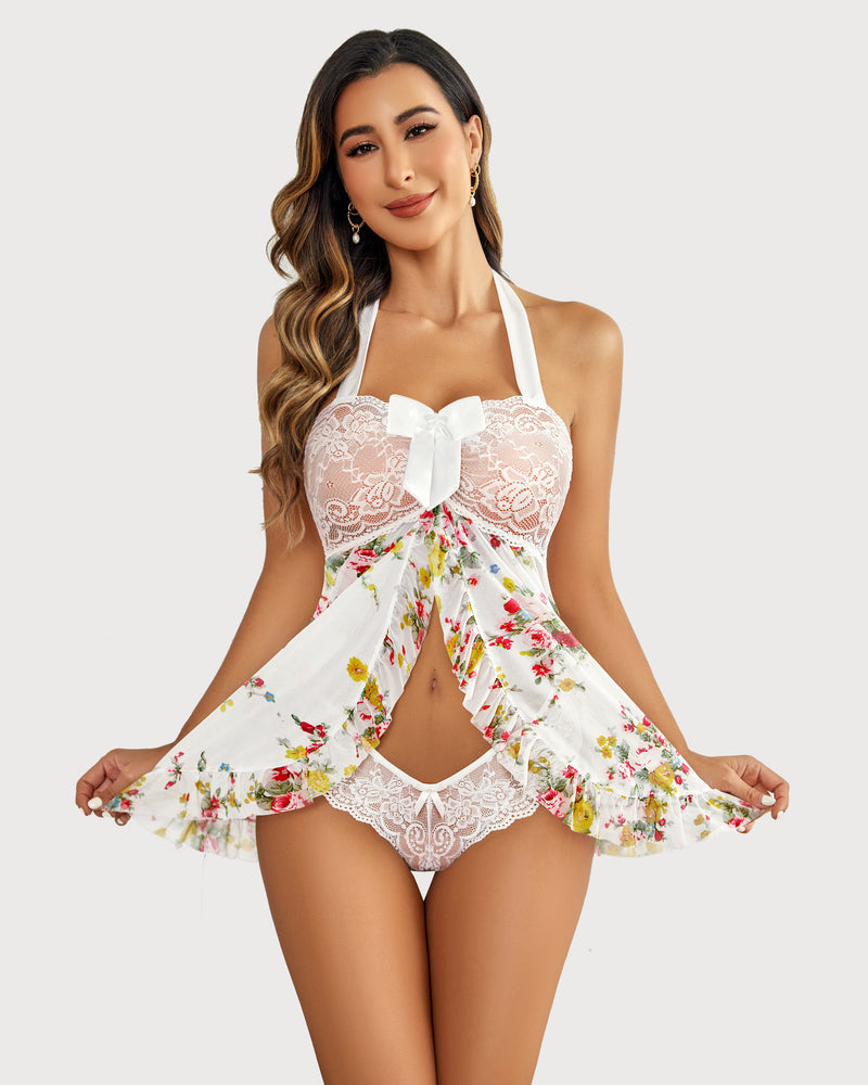 FPrint Lace Open Front Babydoll