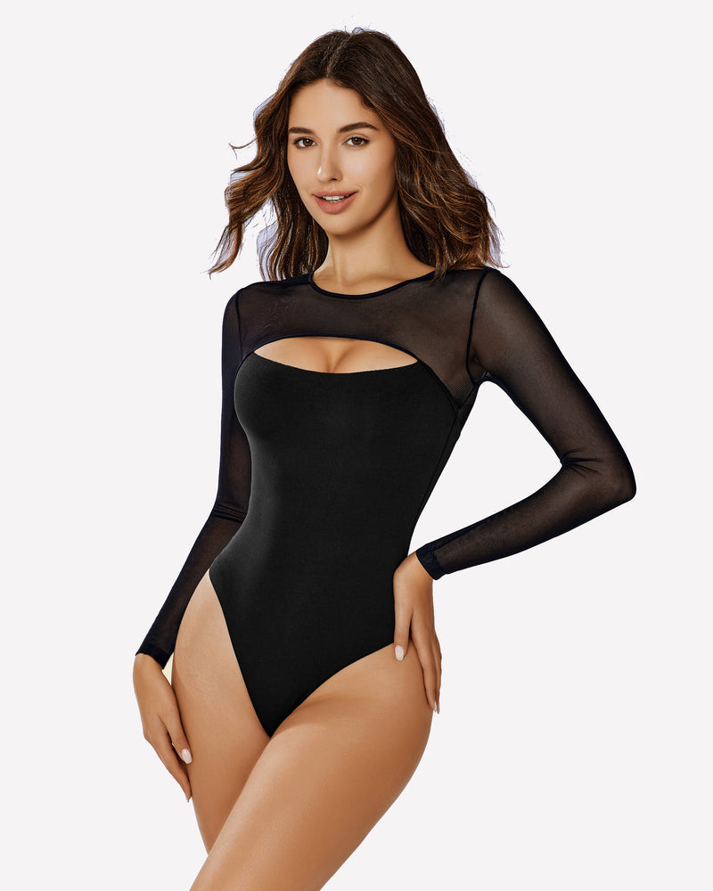 Long Sleeve Bodysuit Mesh Cutout Shirt