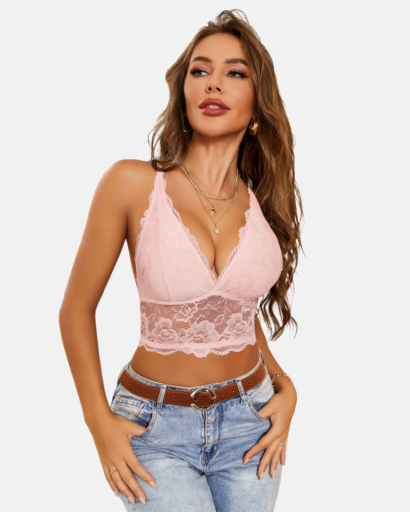 Lace Bra V Neck Racerback Crop Top