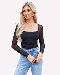 Square Neck Mesh Long Sleeve Bodysuit Shapewear