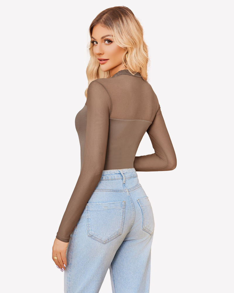 Mock Turtle Neck Sheer Mesh Bodysuit