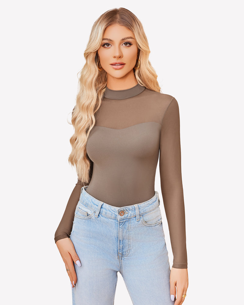 Mock Turtle Neck Sheer Mesh Bodysuit