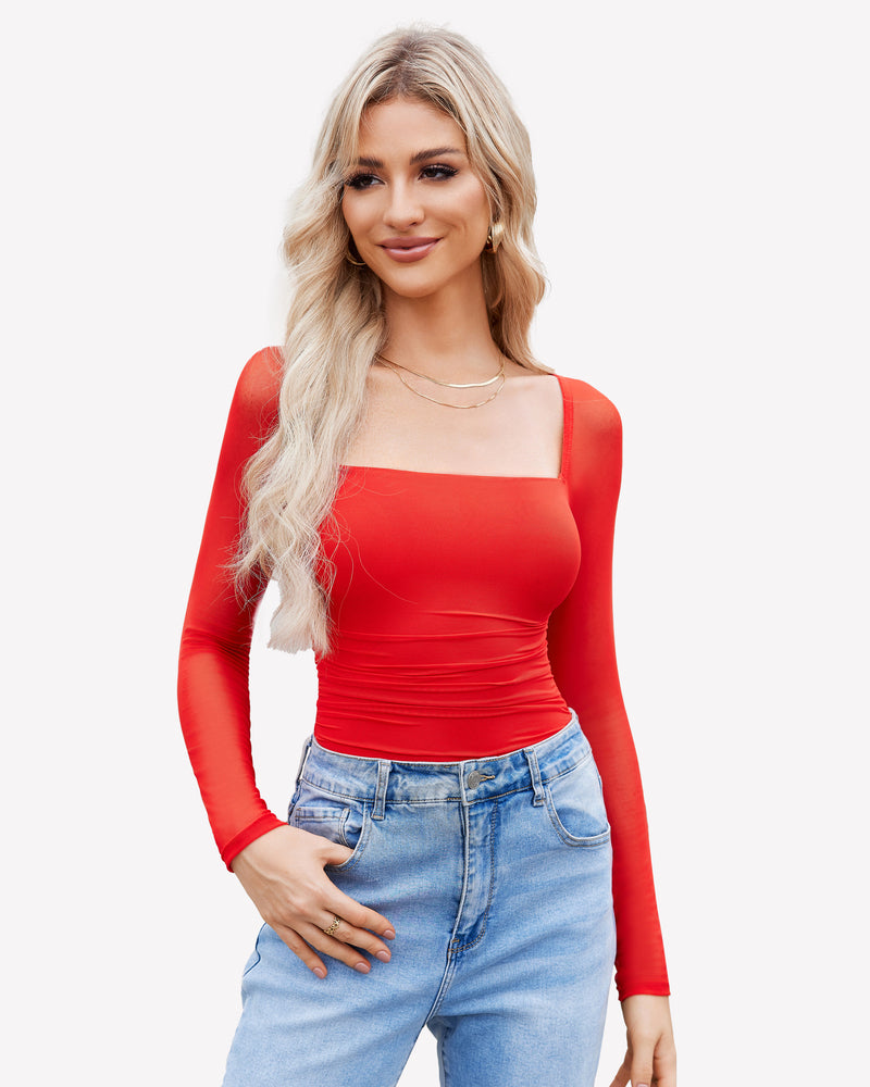 Square Neck Mesh Long Sleeve Bodysuit Shapewear