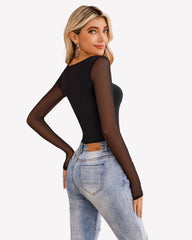 Square Neck One Piece Mesh Leotard Tops