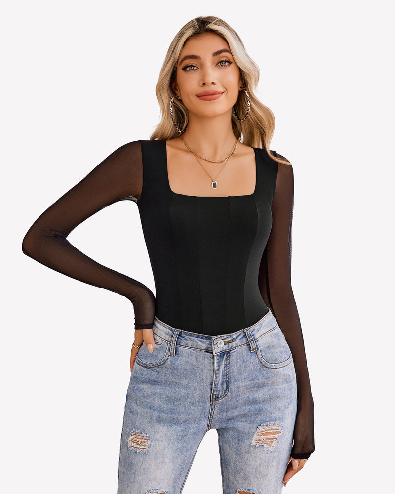 Square Neck One Piece Mesh Leotard Tops