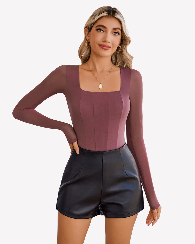 Square Neck One Piece Mesh Leotard Tops