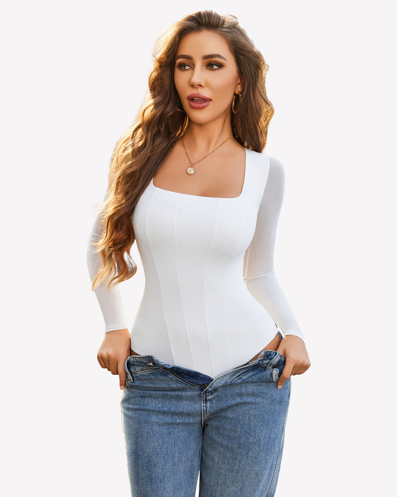 Square Neck One Piece Mesh Leotard Tops