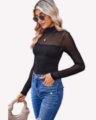 Turtle Neck Body Suits Mesh Leotard Shirt