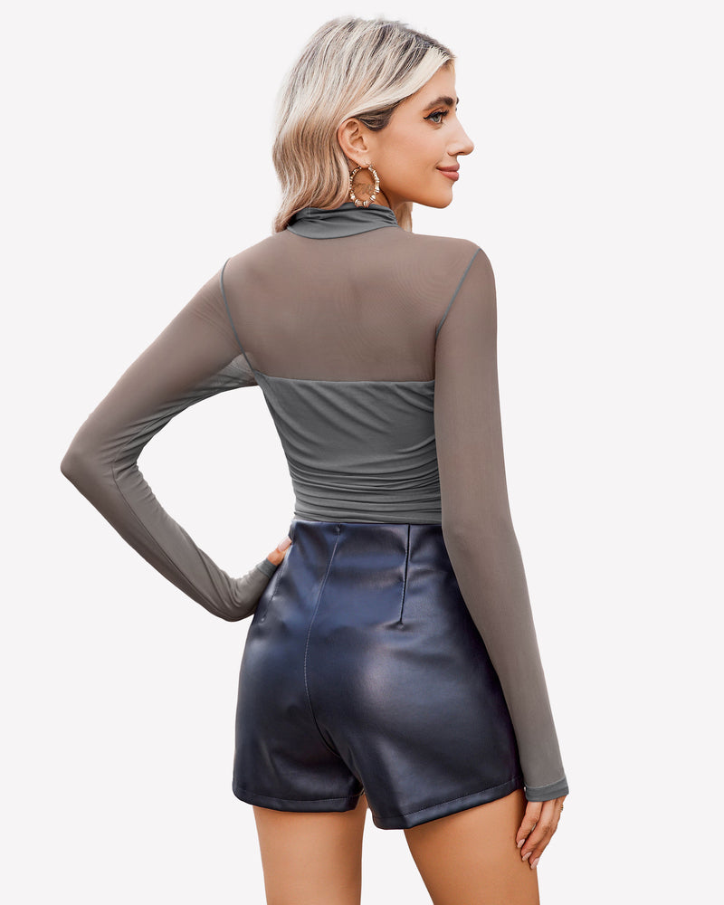 Turtle Neck Body Suits Mesh Leotard Shirt