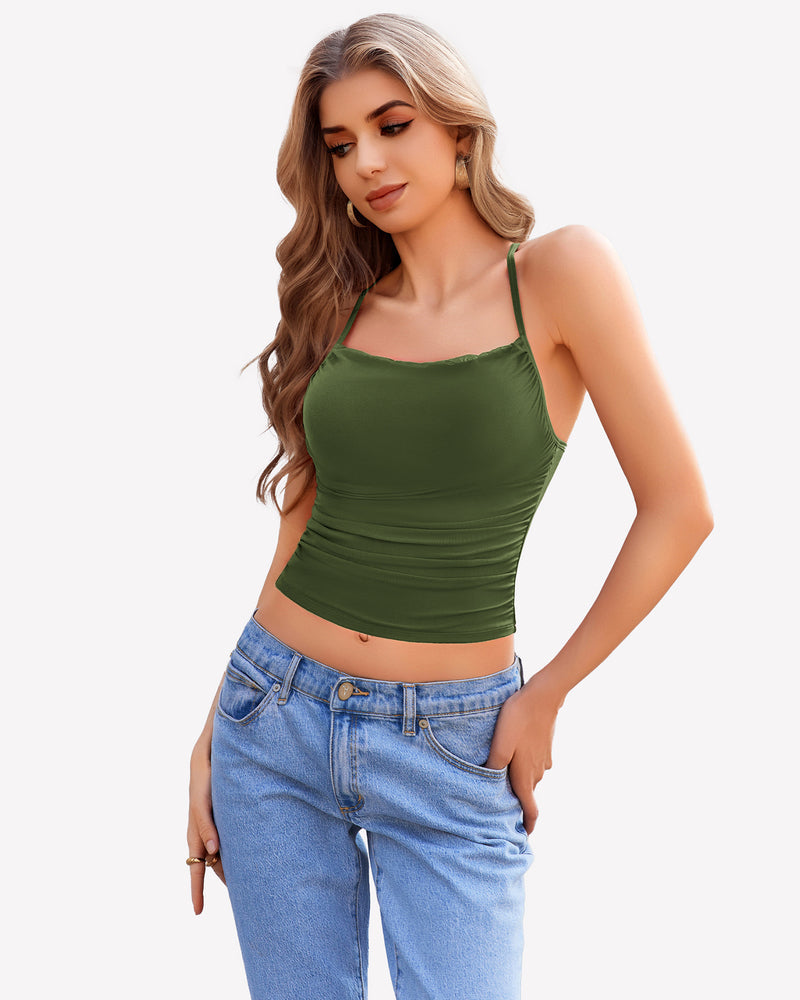 Cowl Neck Tops Mesh Ruched Camisole