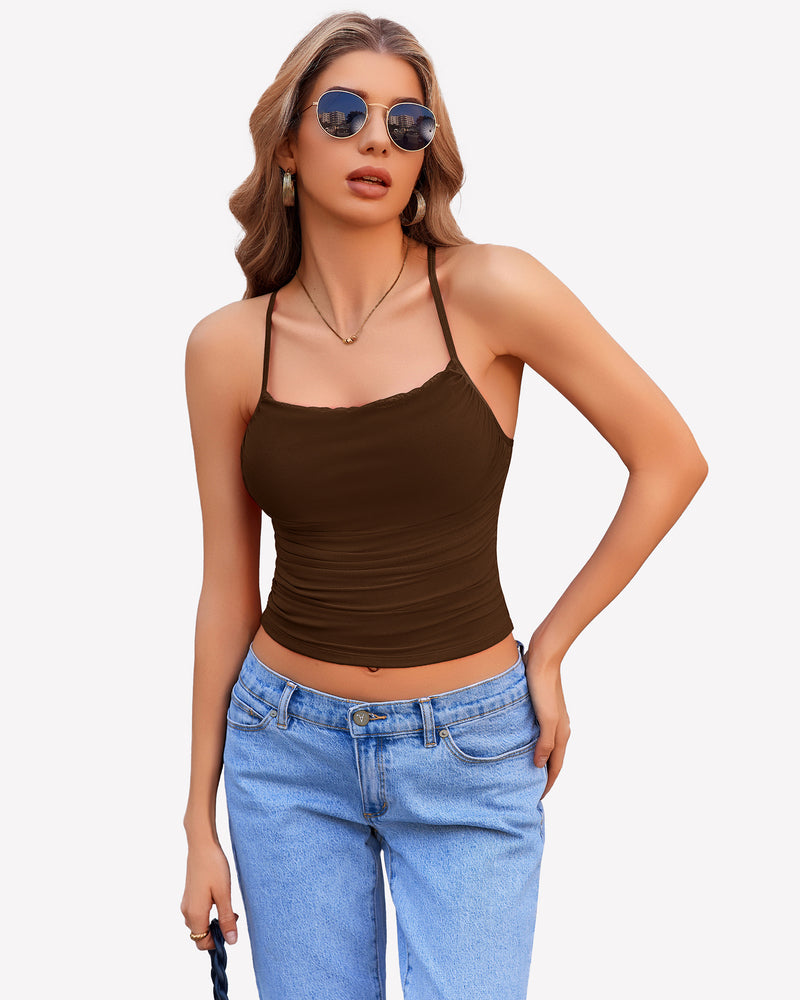 Cowl Neck Tops Mesh Ruched Camisole