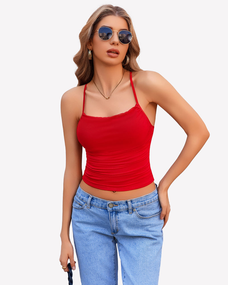 Cowl Neck Tops Mesh Ruched Camisole