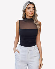 Mock Neck Mesh Bodysuit Ruched Tank Top