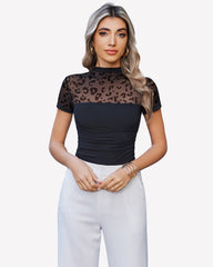 Short Sleeve Bodysuit Turtle Neck Mesh Tops