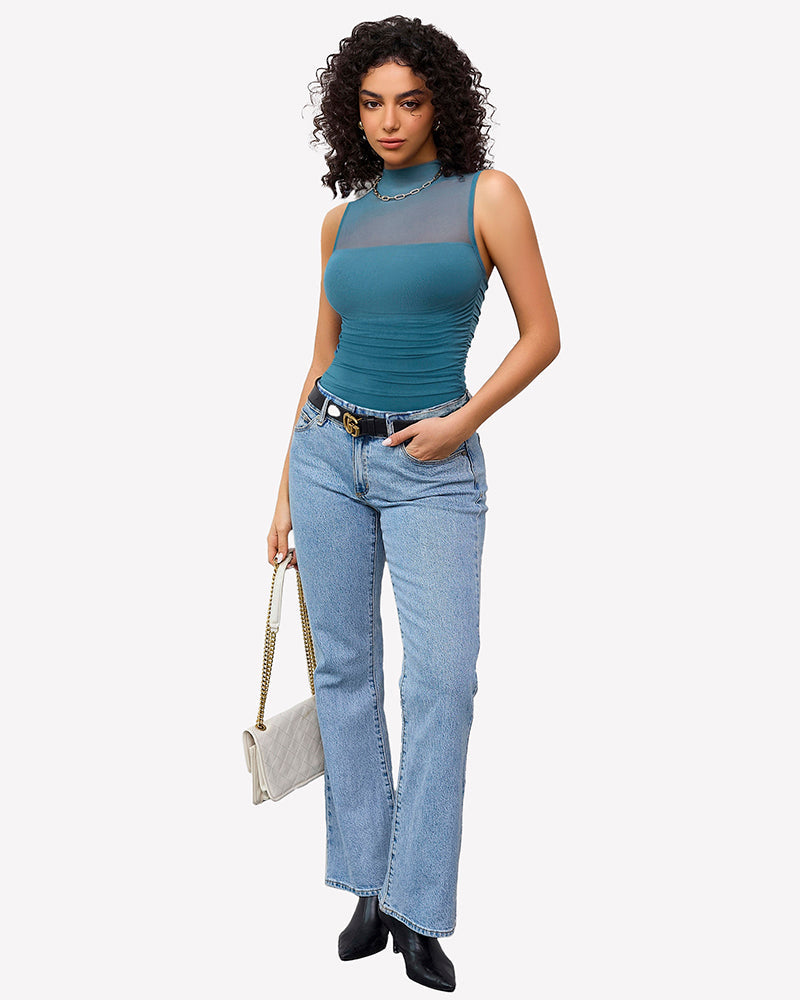 Mock Neck Mesh Bodysuit Ruched Tank Top