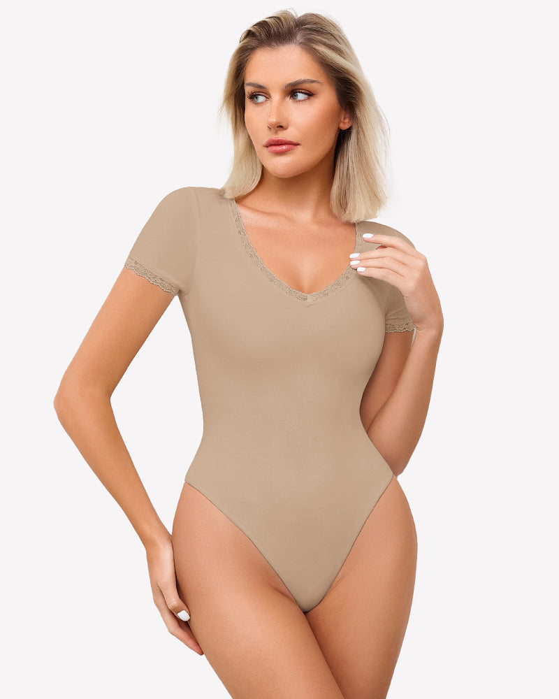 Lace V Neck Double Lined Bodysuits