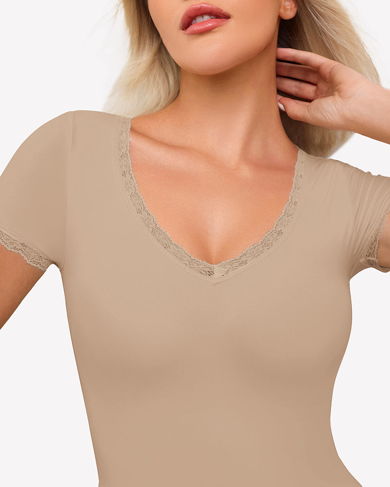 Lace V Neck Double Lined Bodysuits