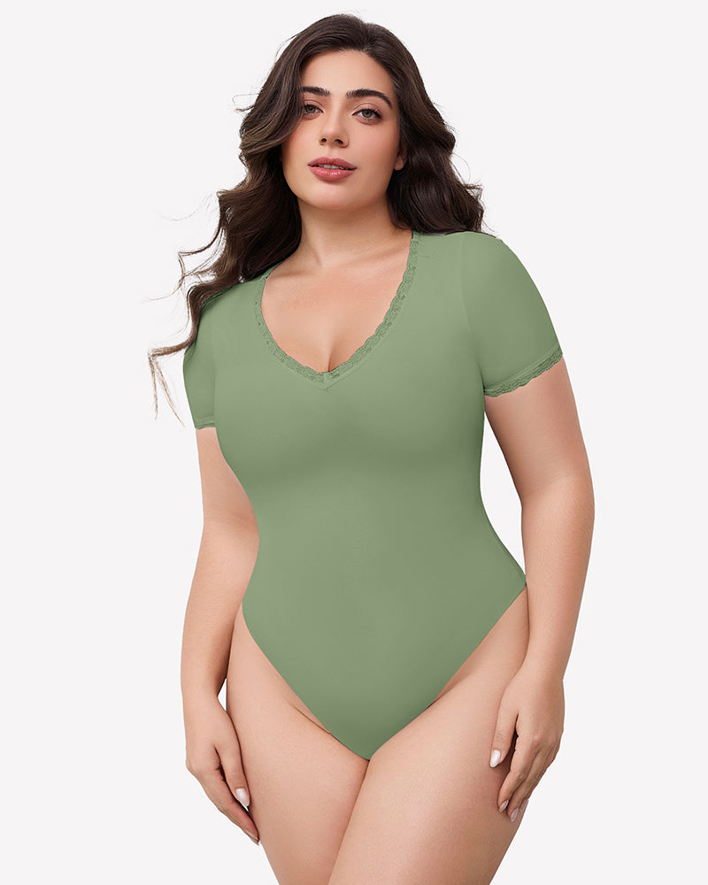 Lace V Neck Double Lined Bodysuits