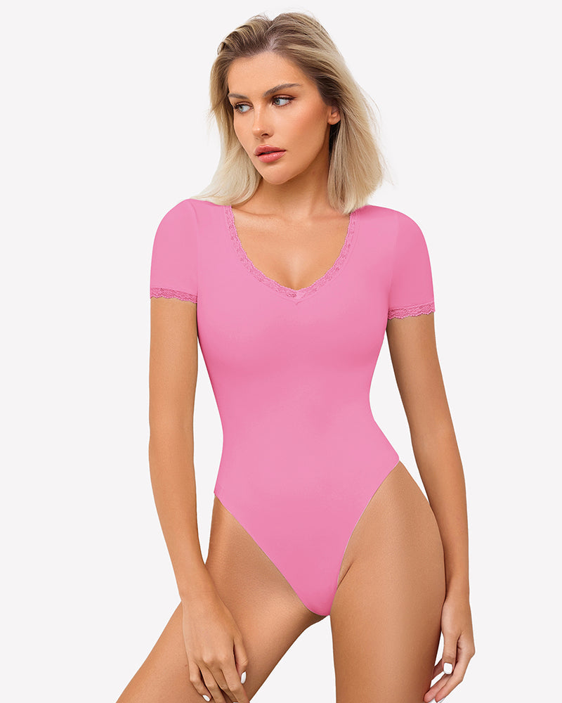 Lace V Neck Double Lined Bodysuits