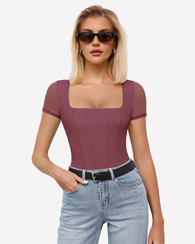 Square Neck Mesh Double Body Suit