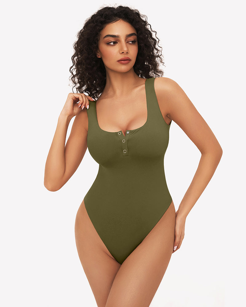 Button Down Square Neck Sleeveless Bodysuit