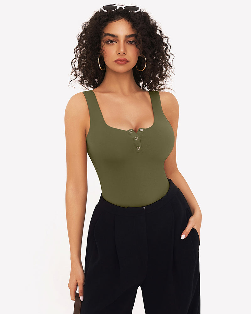 Button Down Square Neck Sleeveless Bodysuit