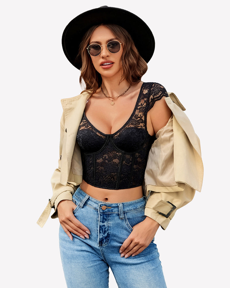 FLace Bustier Cap Sleeve Crop Top